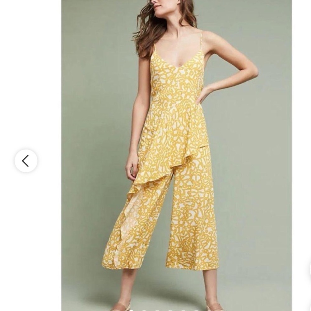 MAEVE ANTHROPOLOGIE Brittany Ruffle Jumpsuit in Goldenrod print Size 8 - Picture 1 of 7